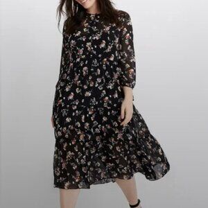 Madewell Tiered Midi Dress - Black, Floral